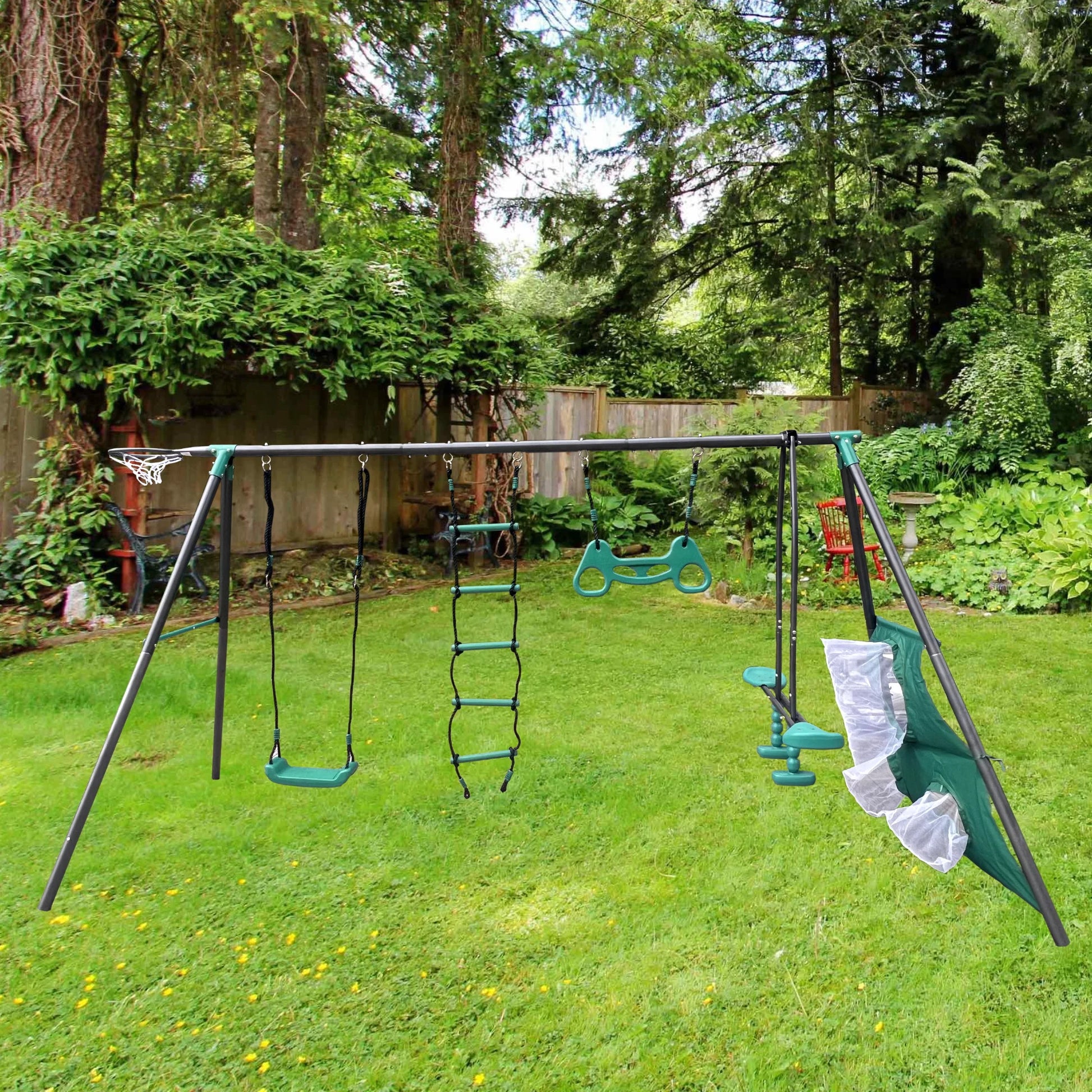 🌲 Blackish Green 4-in-1 Outdoor Swing Set – Face-to-Face Swing, Basketball Hoop